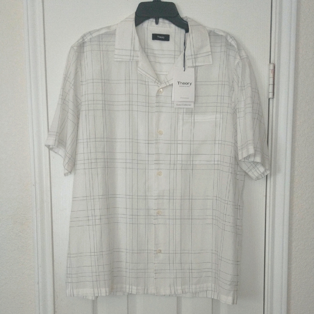Theory Men's Ivory Baltic Button Down Short Sleeve Flow Grid Shirt Sz L